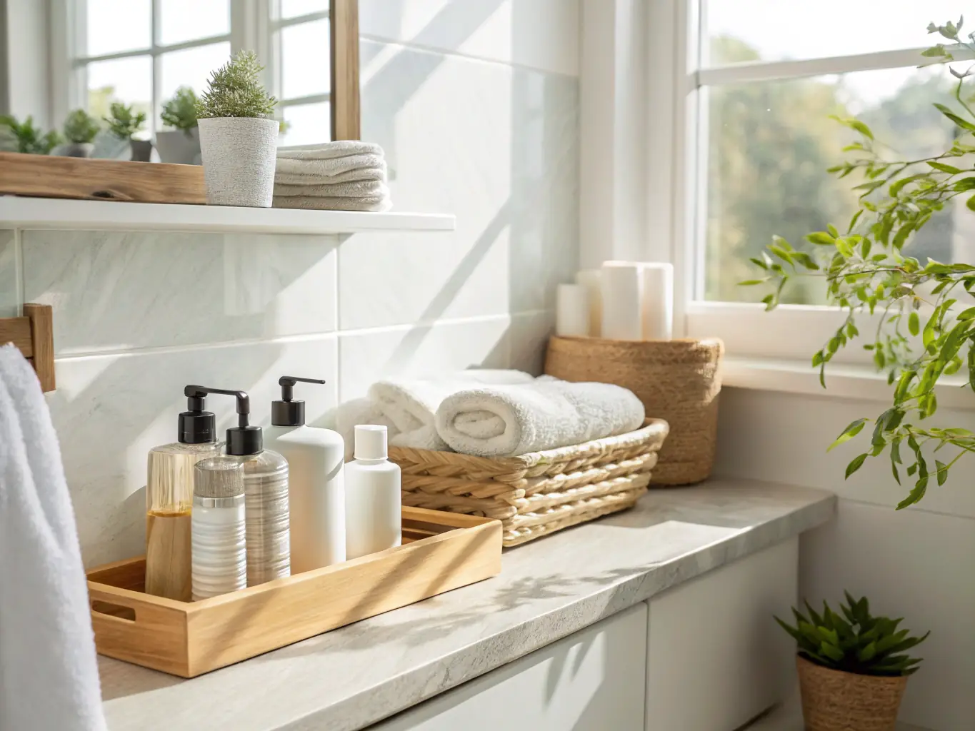 A detailed image of high-quality hotel amenities, including shampoo, conditioner, soap, and lotion, neatly arranged in a bathroom setting. The image should convey luxury and attention to detail.