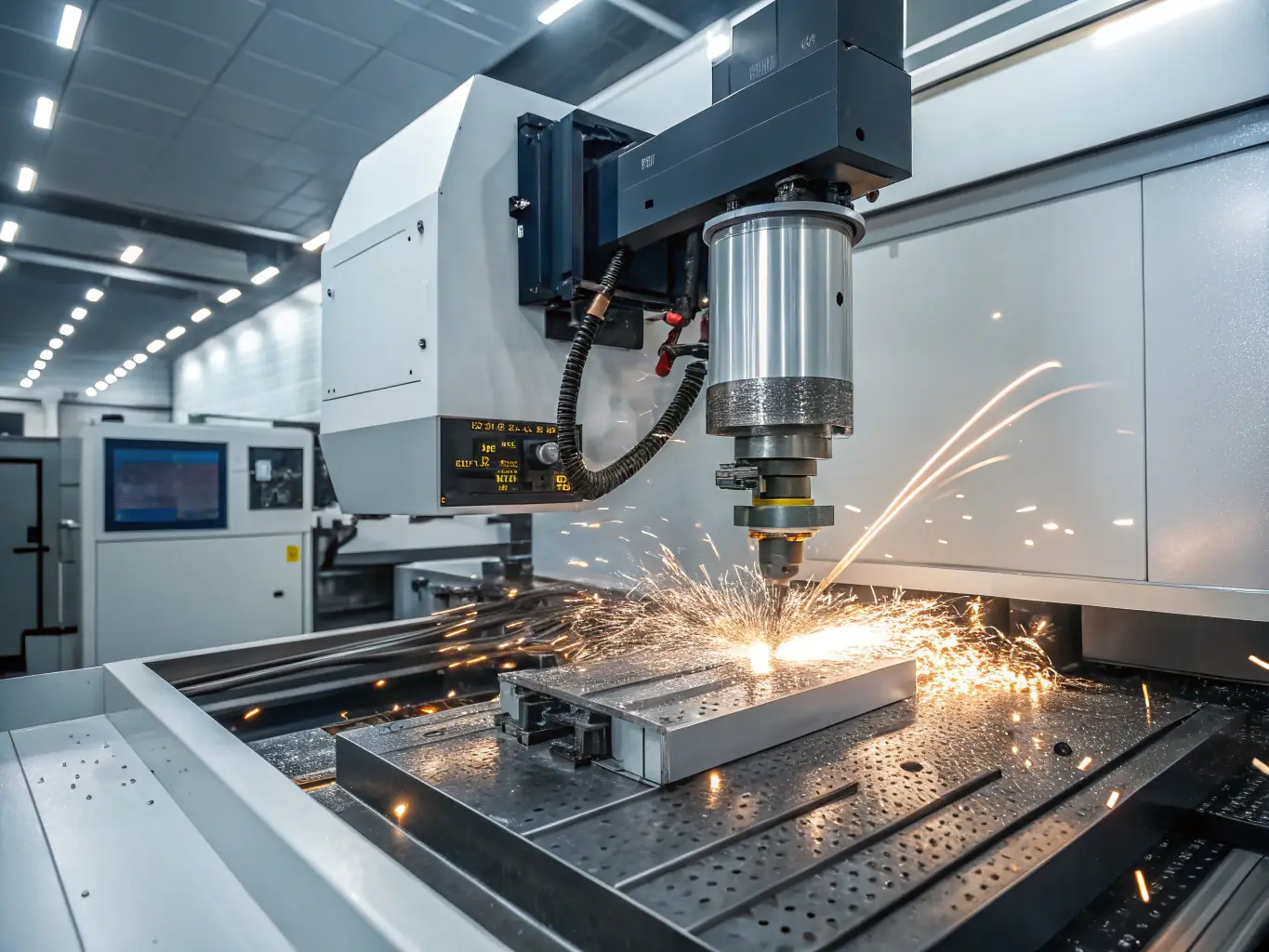 A high-quality image showcasing a modern CNC machine in operation, with sparks flying and a metal workpiece being precisely cut. The background should feature a clean and organized factory environment.