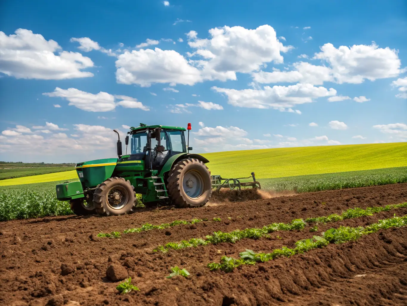 A vibrant image of agricultural machinery, such as a tractor or harvester, working in a vast field. The sky should be clear, and the crops should look healthy and abundant.