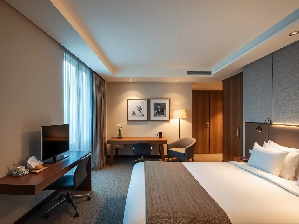 A professional image of a modern hotel room featuring stylish and functional furniture, including a comfortable bed, a sleek desk, and a well-designed seating area. The image should convey elegance and practicality.