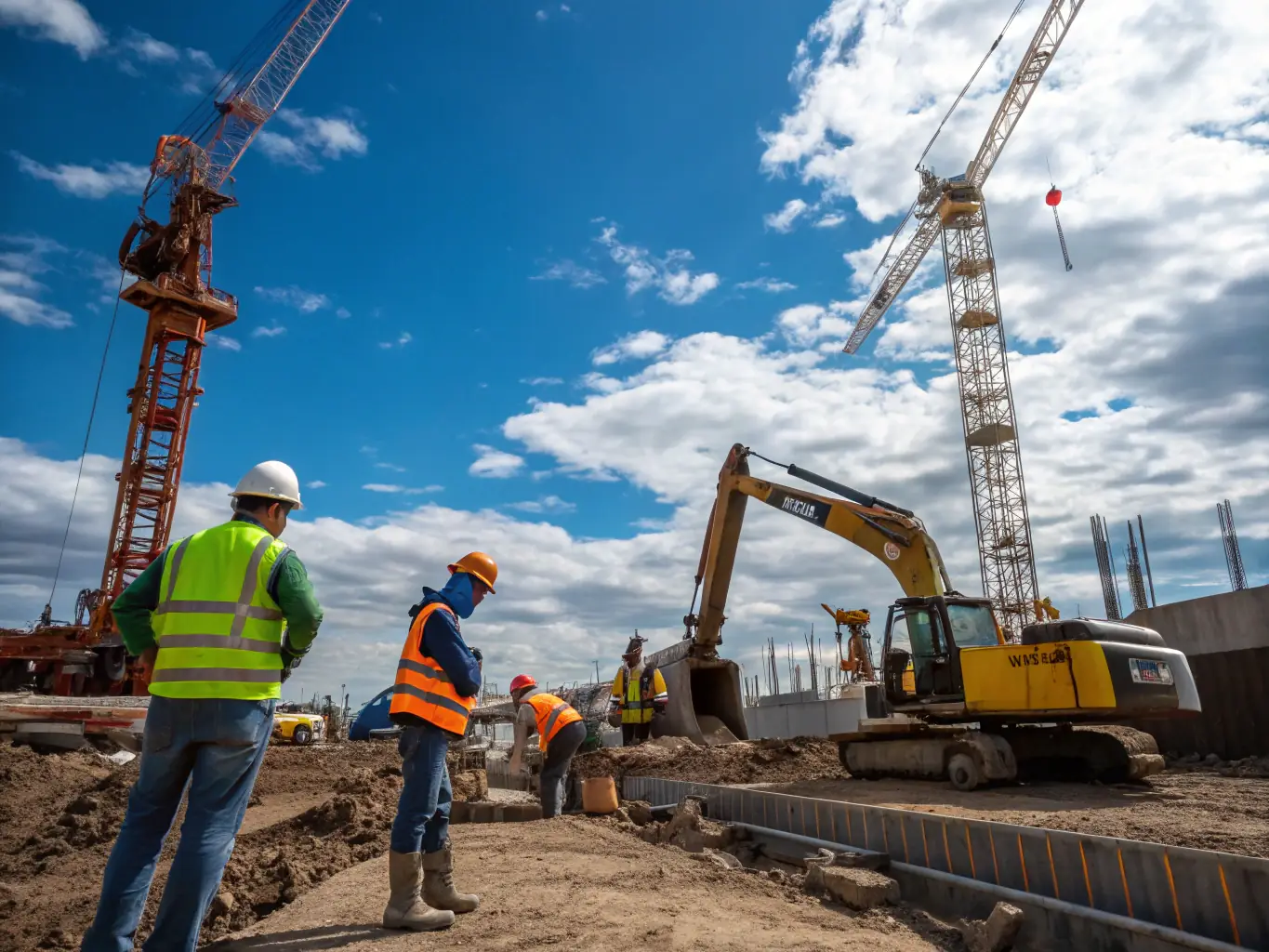 An image of heavy construction machinery, such as an excavator or bulldozer, working on a construction site. The scene should depict a busy and active construction environment.