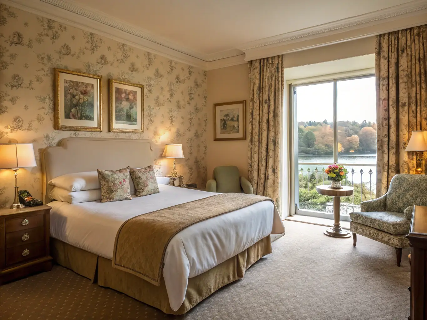 A neatly arranged hotel room showcasing high-quality linens, towels, and guest amenities, emphasizing comfort and elegance.