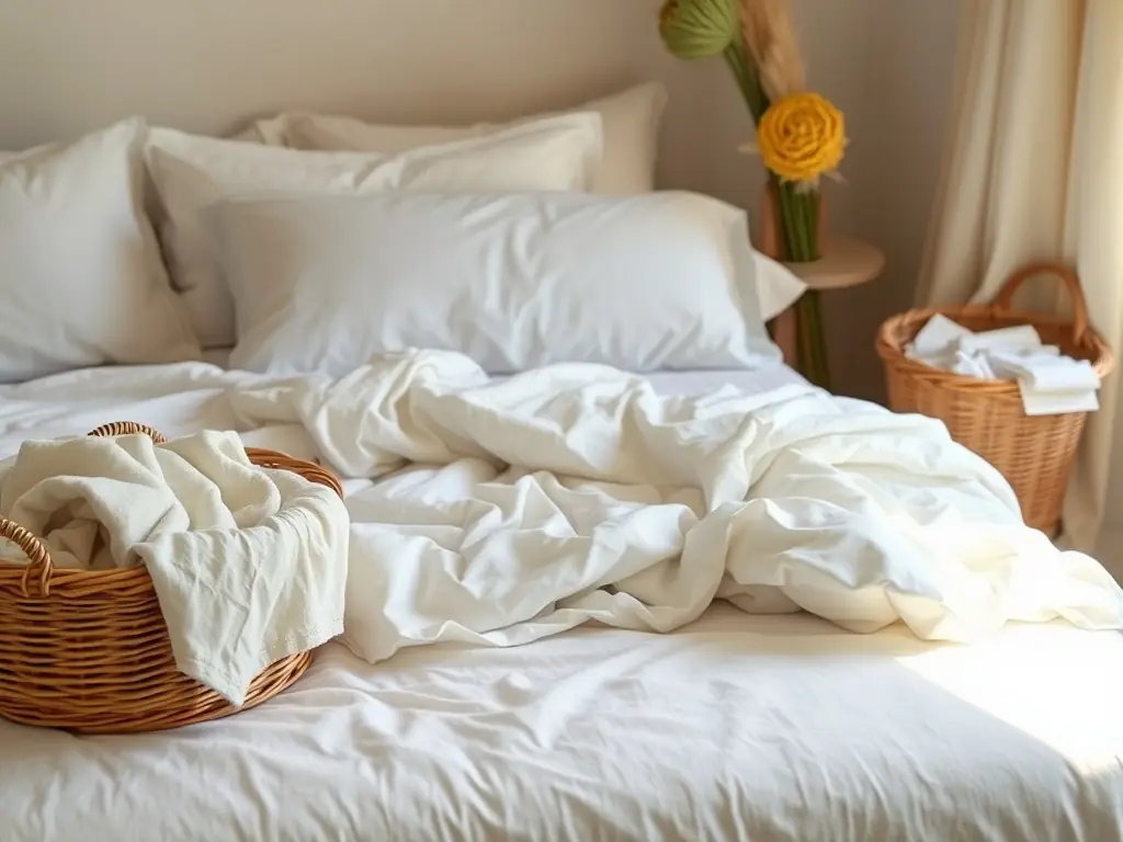 A high-quality image showcasing luxurious hotel linens, including soft white sheets and plush towels, neatly arranged on a bed in a well-lit hotel room. The image should convey comfort and quality.